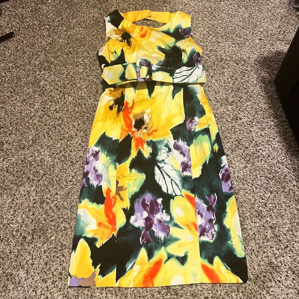 Julian Taylor Floral‎ Watercolor Sleeveless Belted Summer Dress Size 8